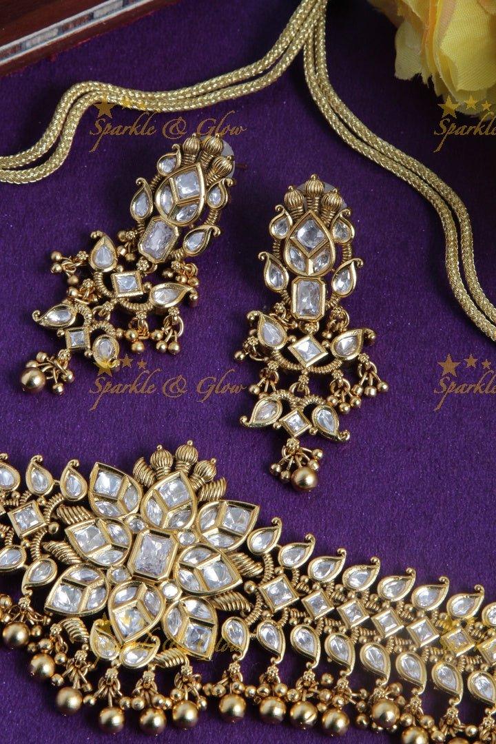 Gold alike floral choker with kundan stones with gold bead drops - Sparkle and Glow