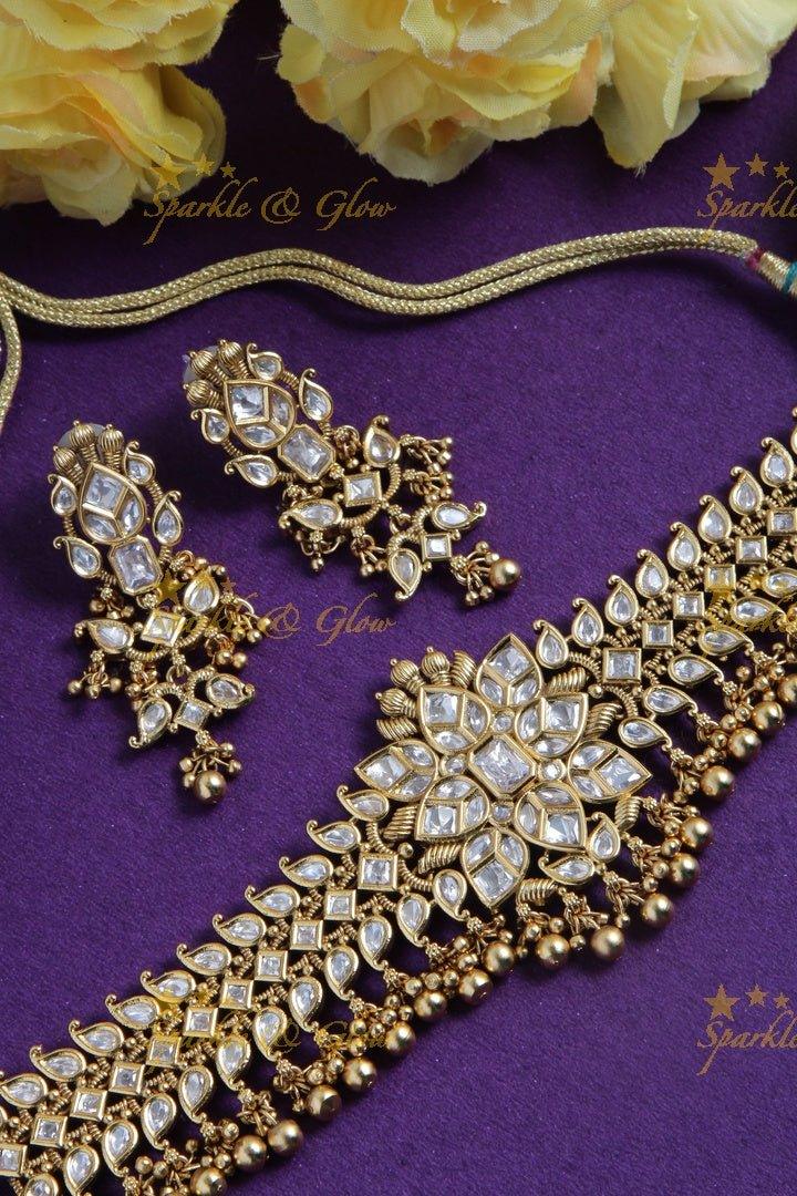 Gold alike floral choker with kundan stones with gold bead drops - Sparkle and Glow
