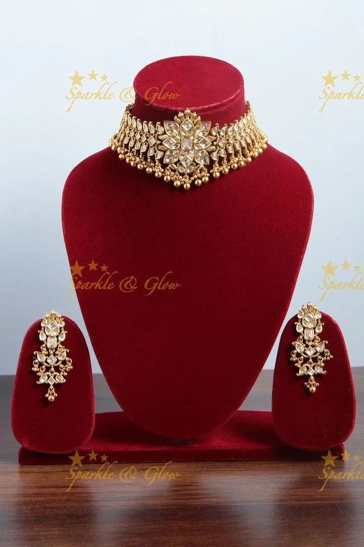 Gold alike floral choker with kundan stones with gold bead drops - Sparkle and Glow