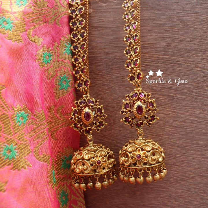 Kemp stones flower studded intricate jhumukas with earchain - Sparkle and Glow