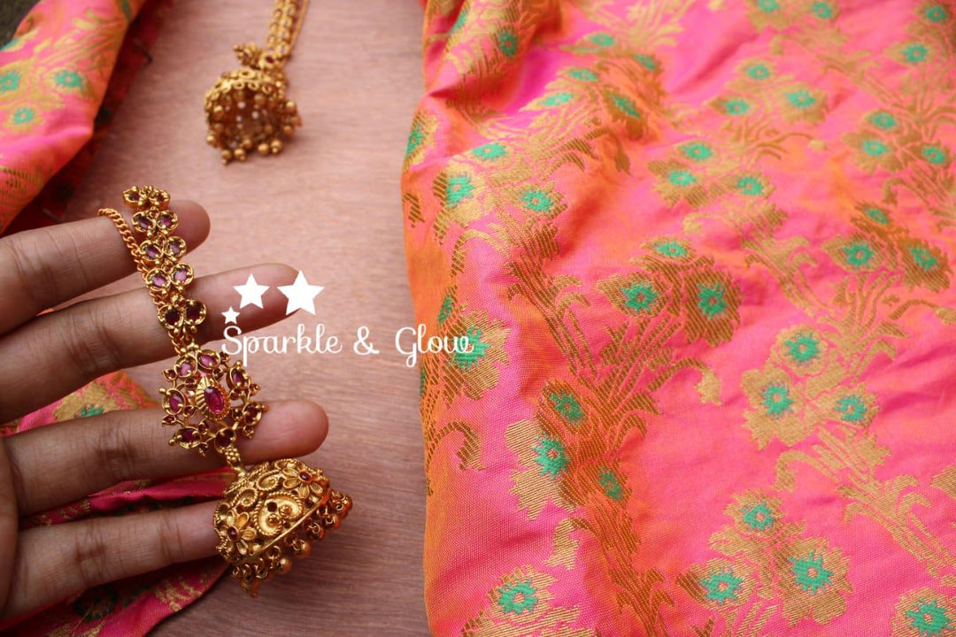 Kemp stones flower studded intricate jhumukas with earchain - Sparkle and Glow