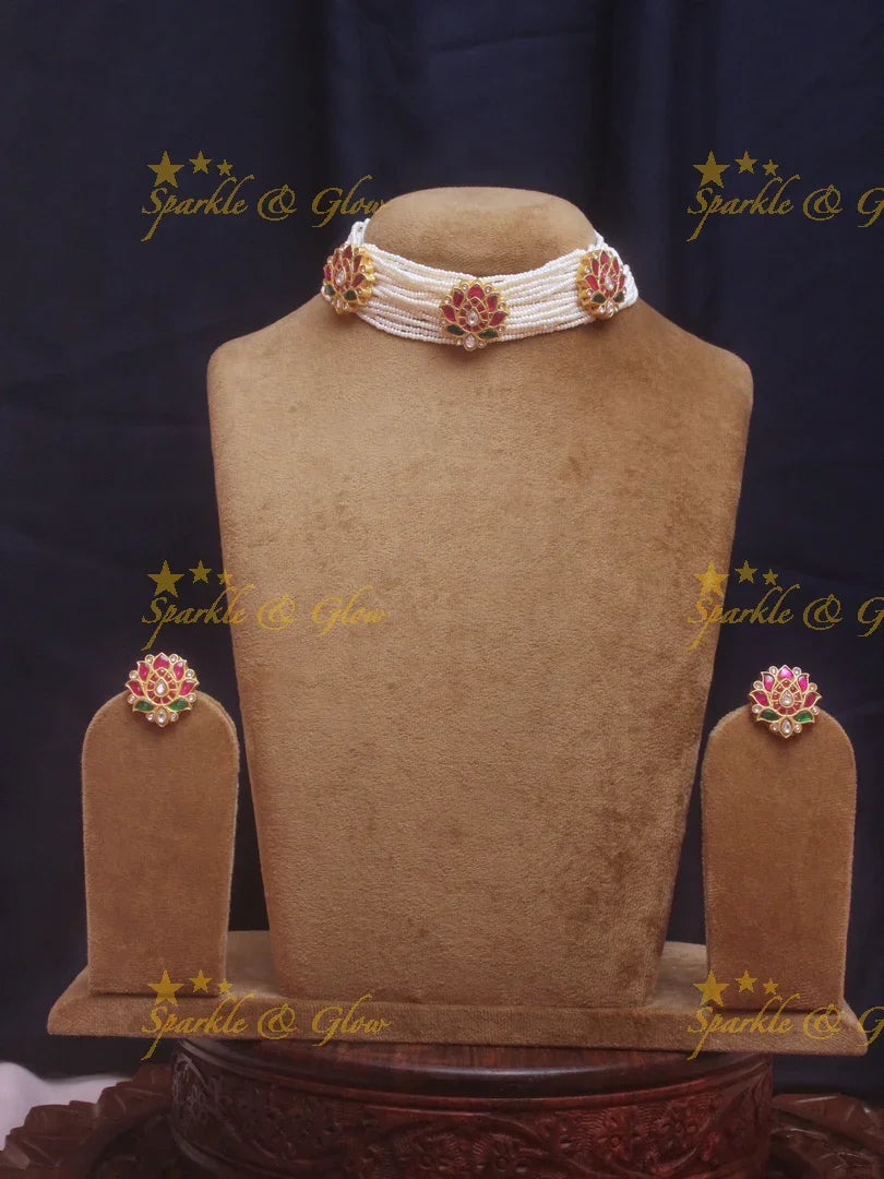 Statemet Pearl Jadau Lotus choker - Sparkle and Glow