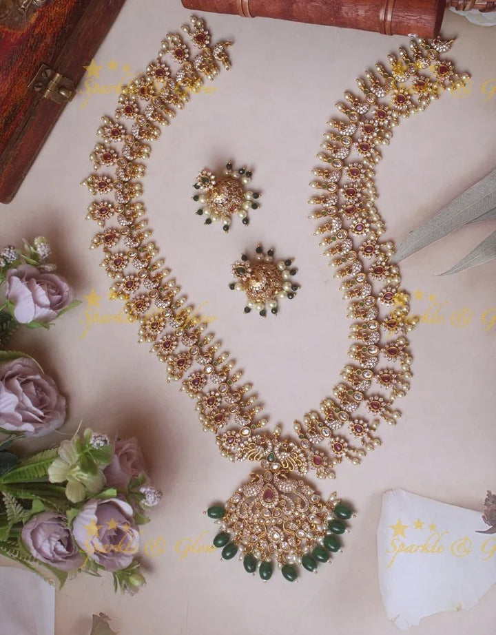 Floral Peacock Haram | Green Beads Gold Necklace