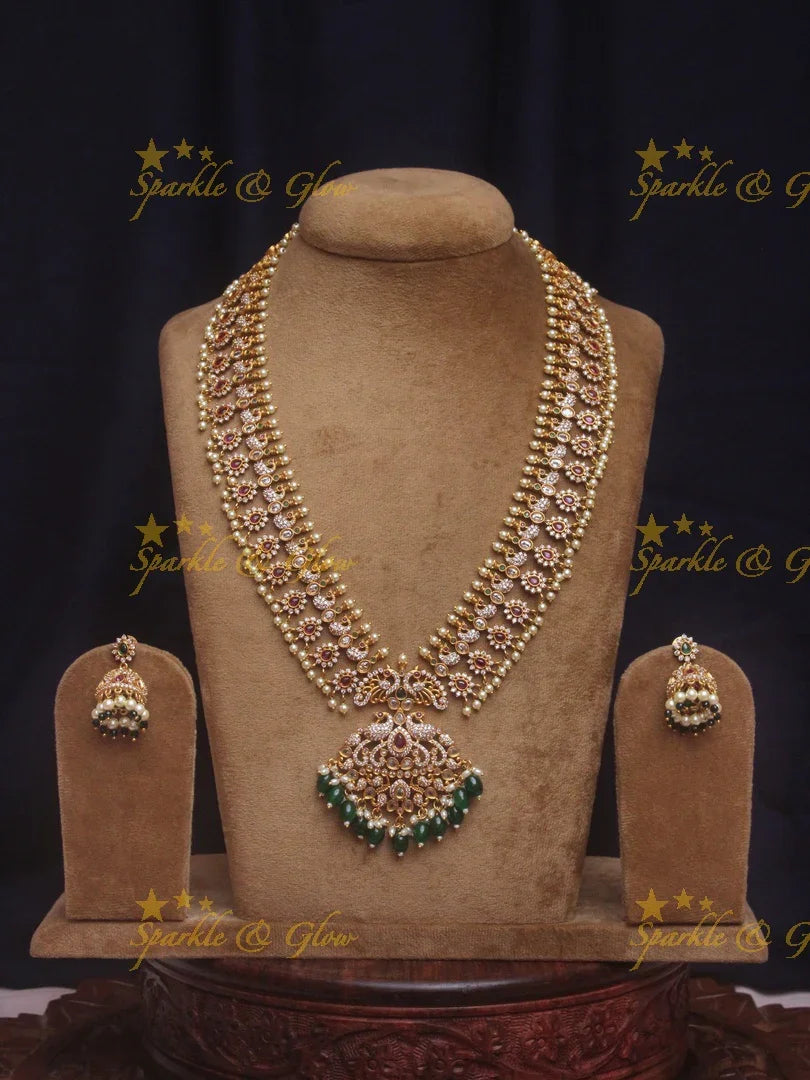 Floral Peacock Haram | Green Beads Gold Necklace