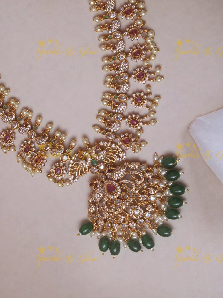 Floral Peacock Haram | Green Beads Gold Necklace