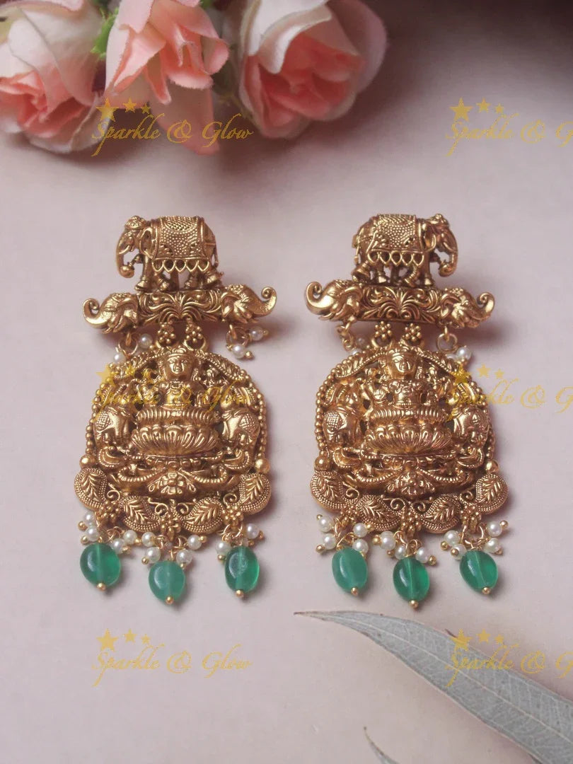 Gold alike Lakshmi Elegant haram with green beads - Sparkle and Glow