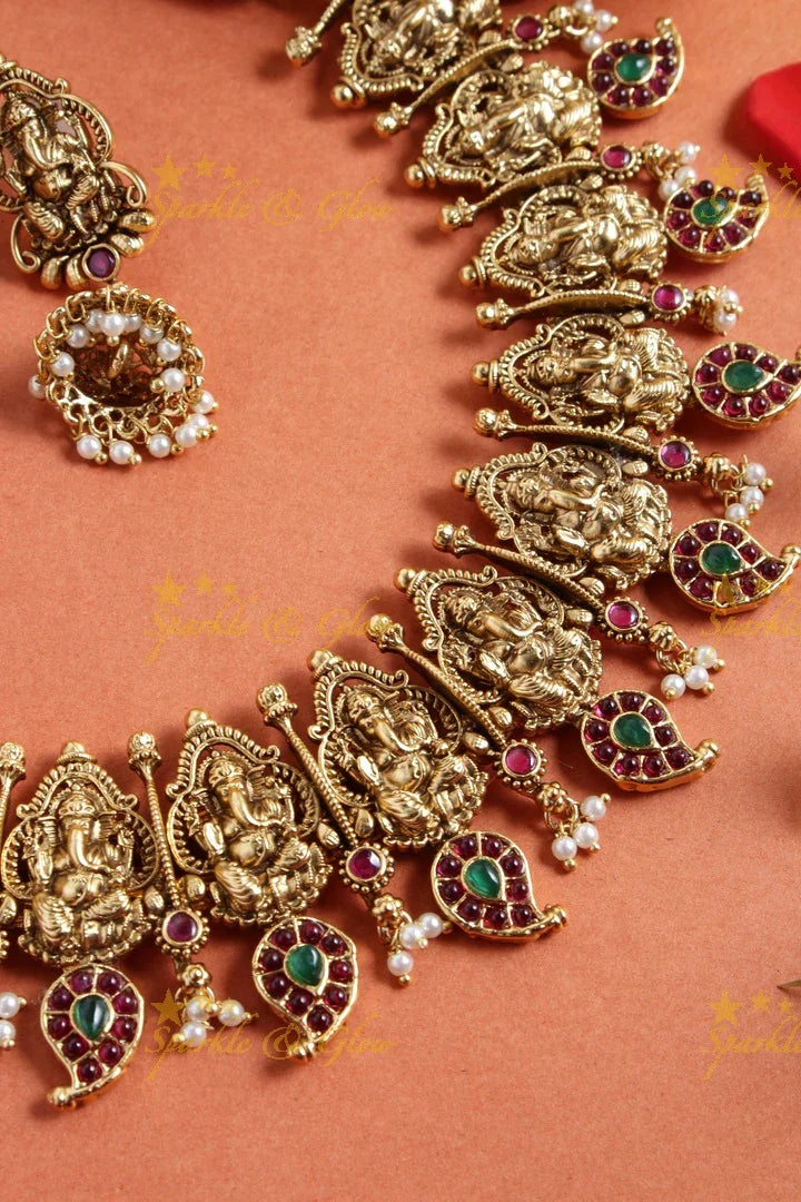 Intricately carved ganesh mango necklace with pearls - Sparkle and Glow