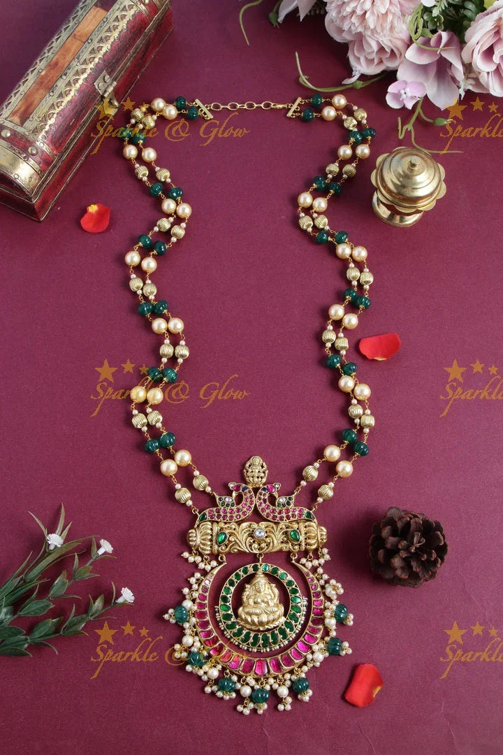 Gheru gold long pumpkin beads half moon lakshmi pendent - Sparkle and Glow