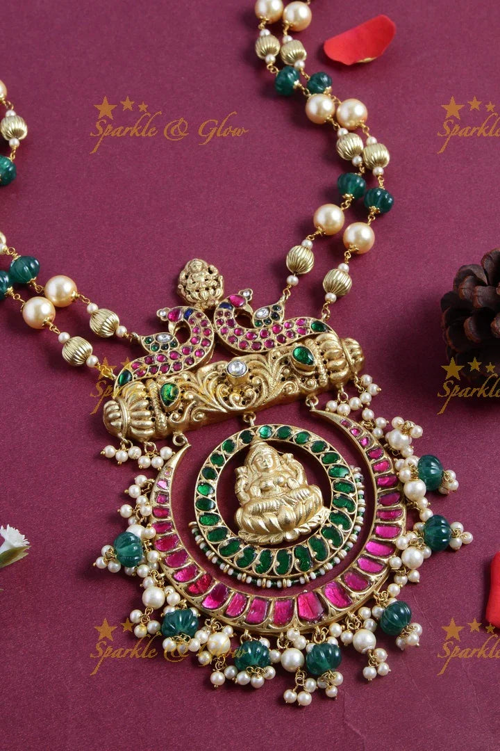 Gheru gold long pumpkin beads half moon lakshmi pendent - Sparkle and Glow