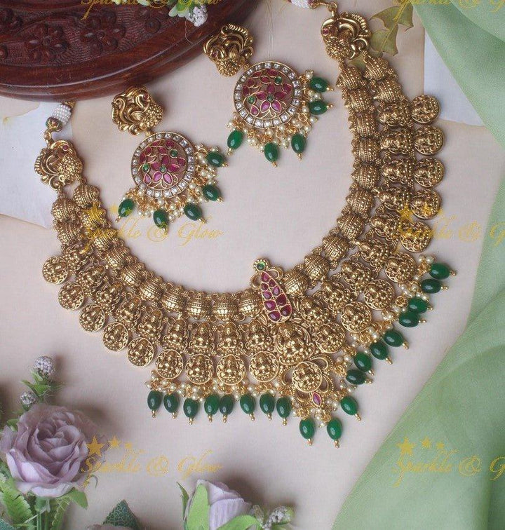 Gold alike Bridal Lakshmi coin necklace with green beads - Sparkle and Glow