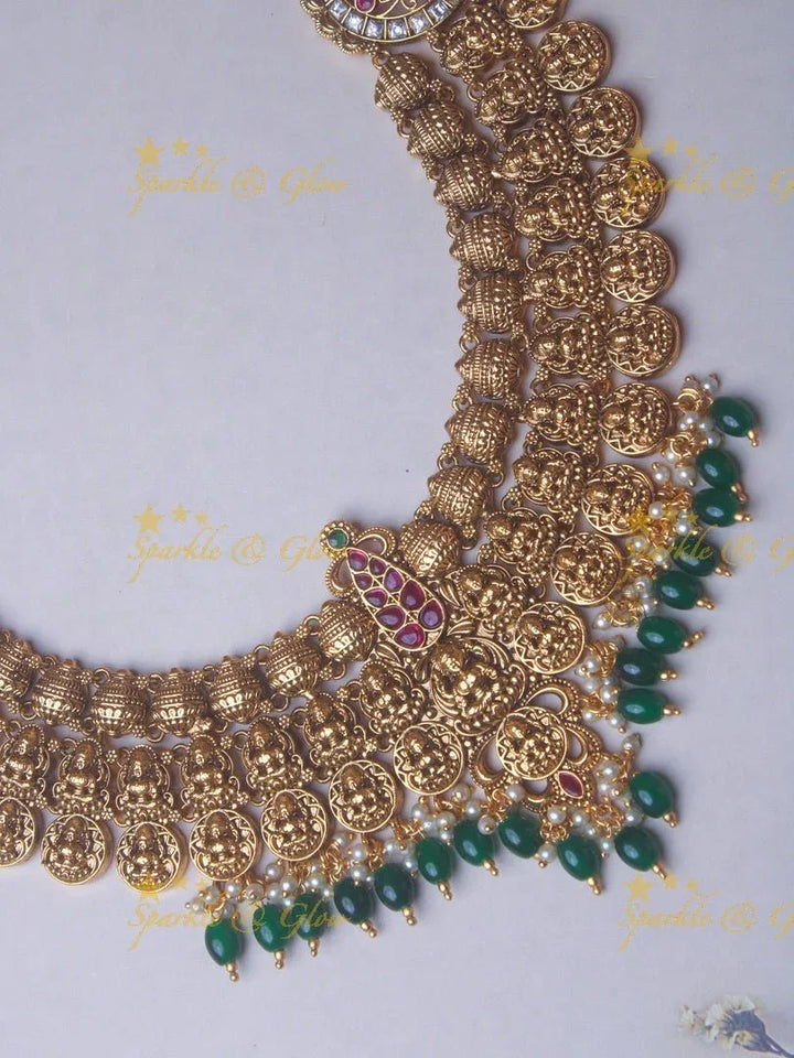 Gold alike Bridal Lakshmi coin necklace with green beads - Sparkle and Glow