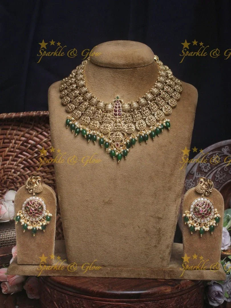 Gold alike Bridal Lakshmi coin necklace with green beads - Sparkle and Glow