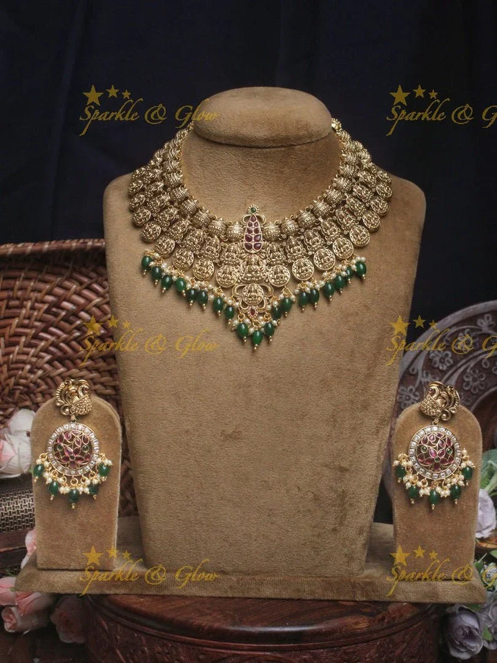 Gold alike Bridal Lakshmi coin necklace with green beads - Sparkle and Glow