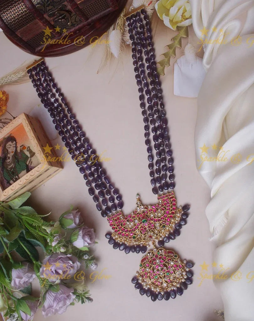 Stunning Purple beads Jadau peacock pendent chain - Sparkle and Glow