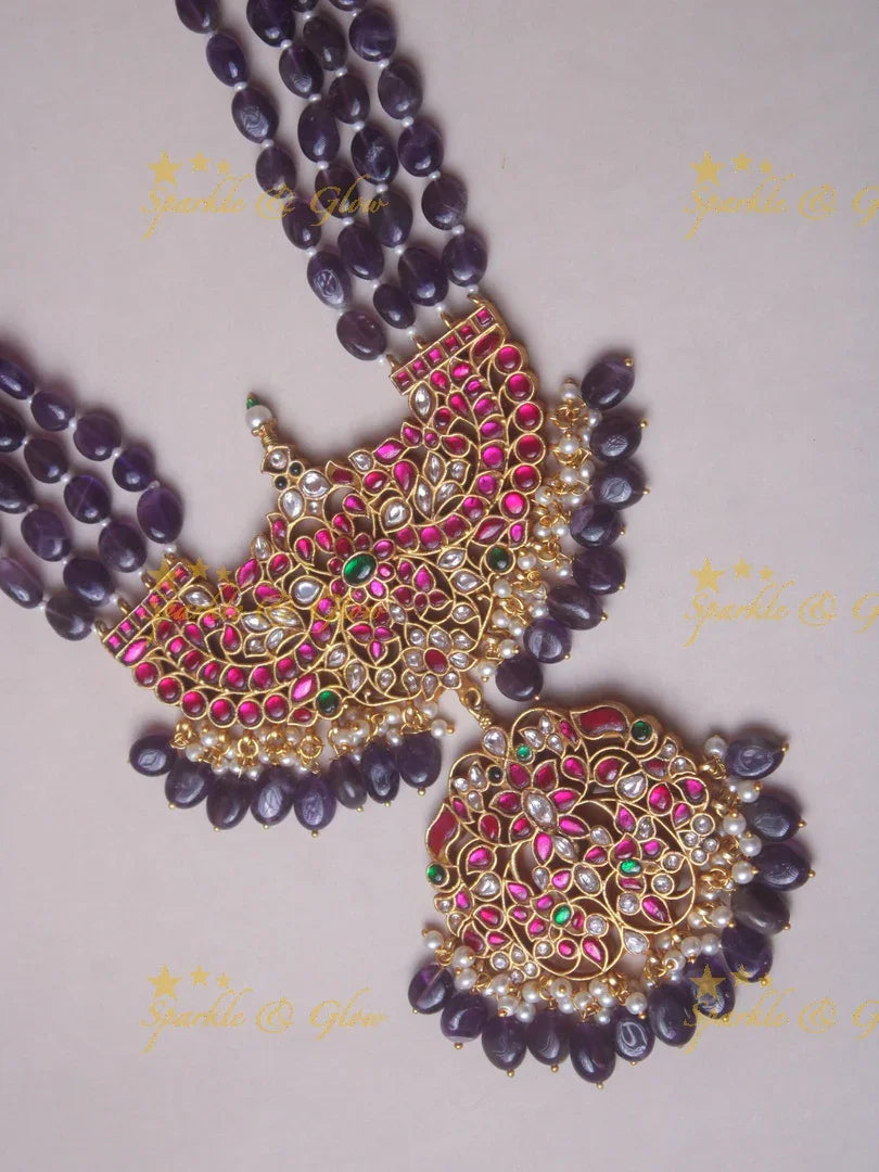 Stunning Purple beads Jadau peacock pendent chain - Sparkle and Glow