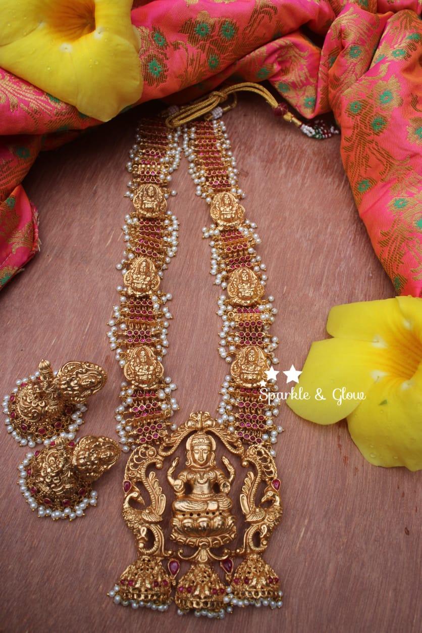 Gold alike polished statement lakshmi haram with kemp stones - Sparkle and Glow