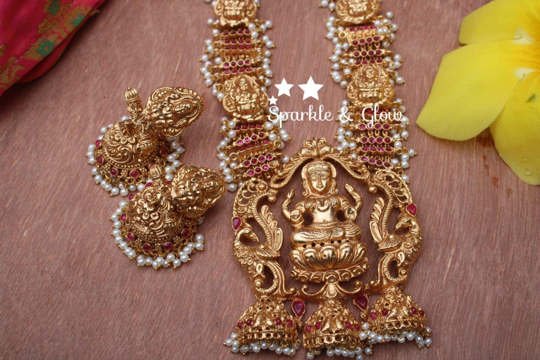 Gold alike polished statement lakshmi haram with kemp stones - Sparkle and Glow