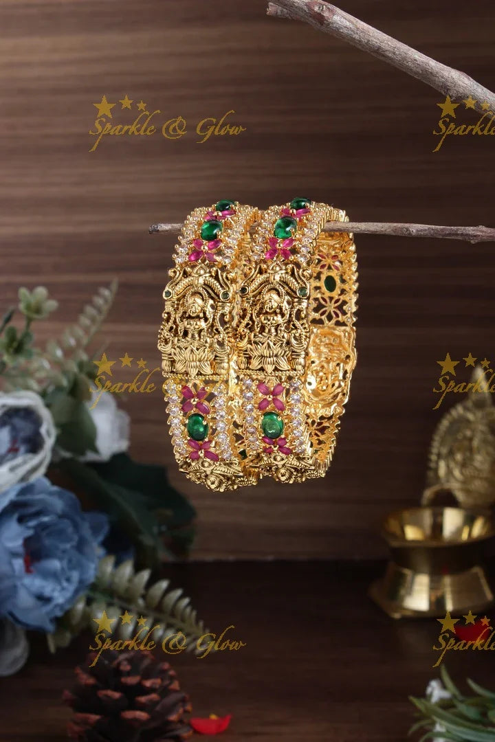 Gold alike lakhsmi carved intricate design floral bangles - pair of 2 - Sparkle and Glow