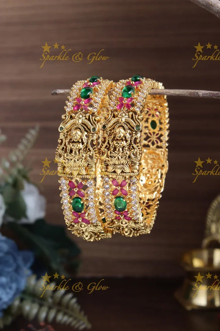 Gold alike lakhsmi carved intricate design floral bangles - pair of 2 - Sparkle and Glow