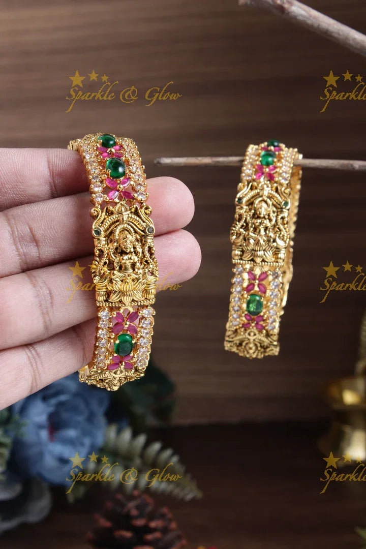 Gold alike lakhsmi carved intricate design floral bangles - pair of 2 - Sparkle and Glow