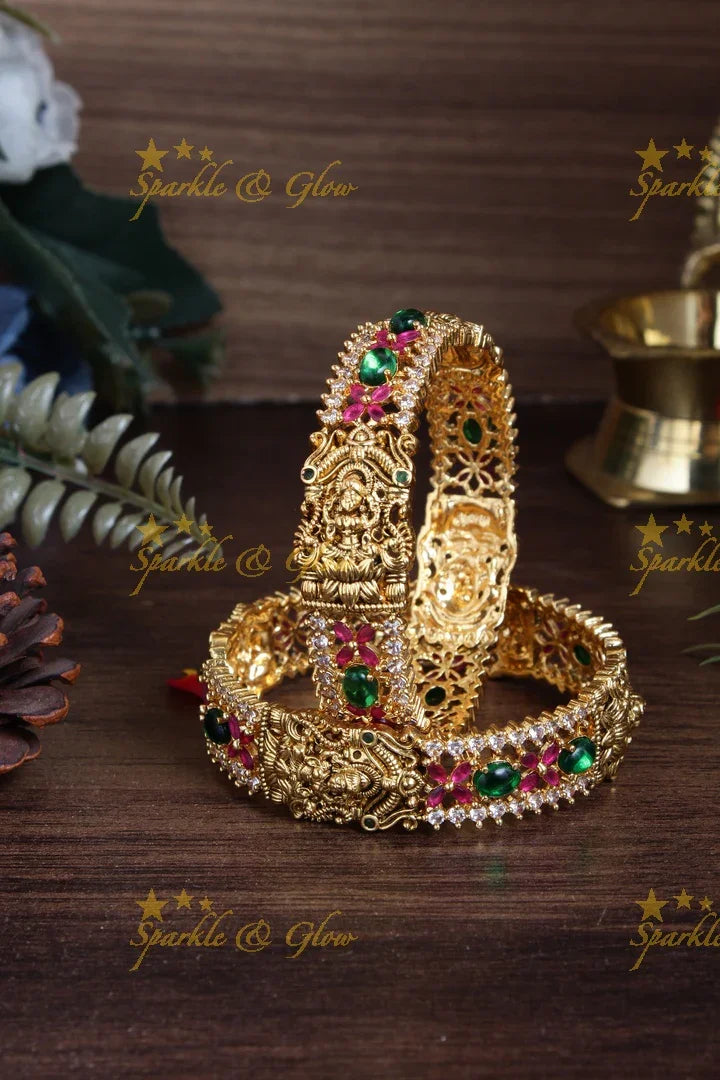 Gold alike lakhsmi carved intricate design floral bangles - pair of 2 - Sparkle and Glow
