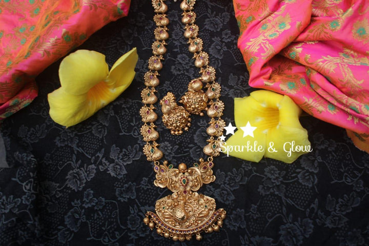 Gold alike polished intricately carved peacock haram - Sparkle and Glow