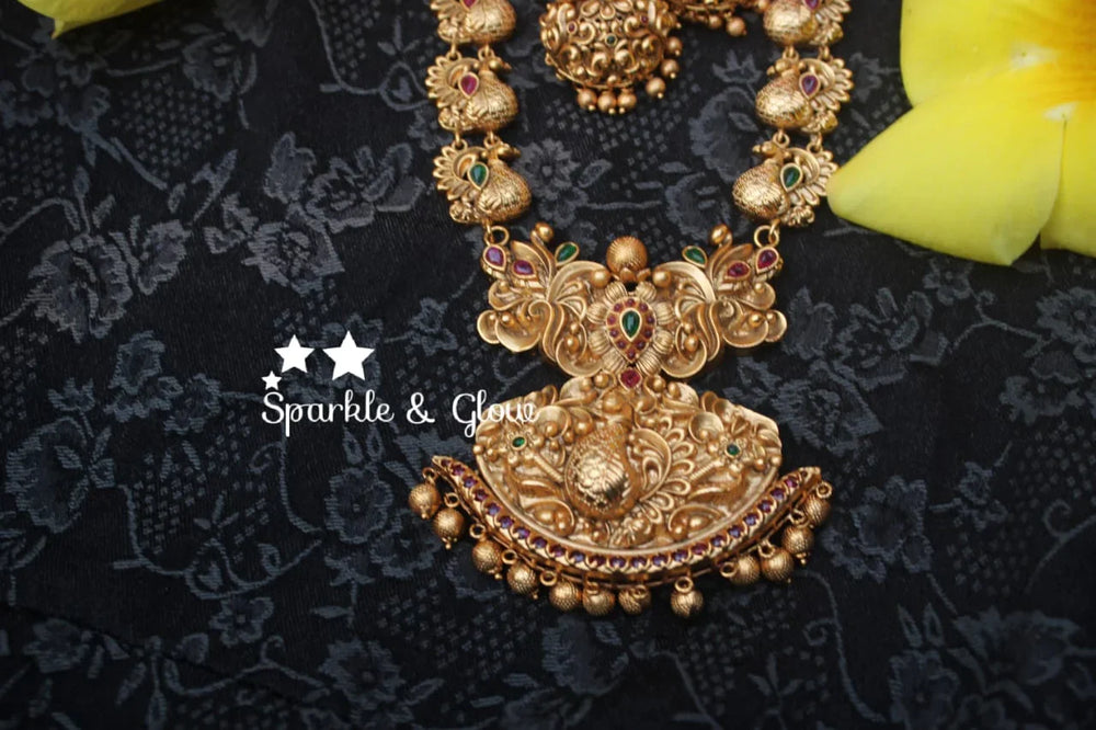 Gold alike polished intricately carved peacock haram - Sparkle and Glow