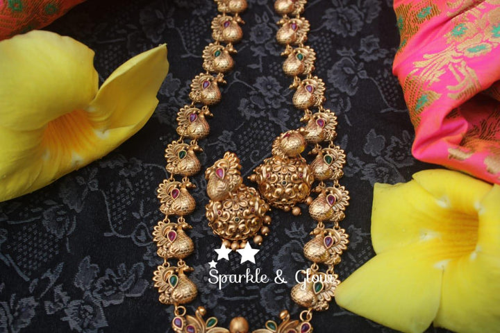 Gold alike polished intricately carved peacock haram - Sparkle and Glow