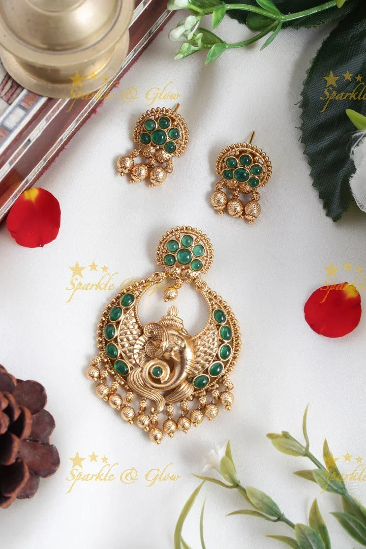 Premium Matt Ganesh carved gold beads pendent set - Sparkle and Glow