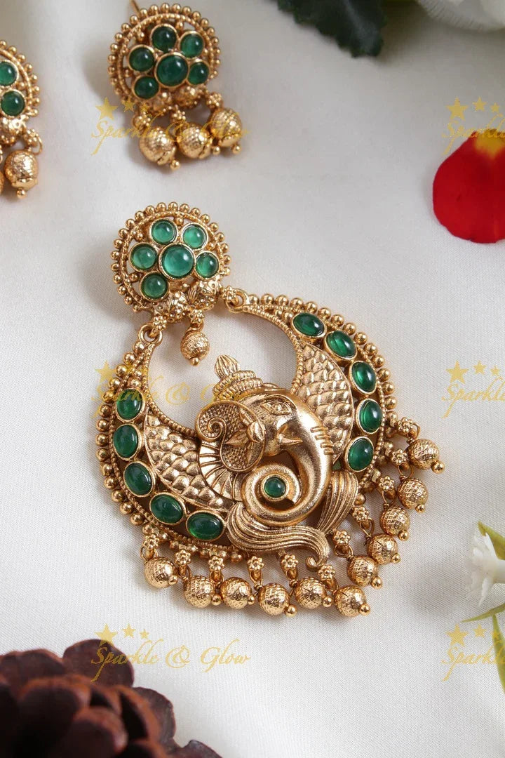 Premium Matt Ganesh carved gold beads pendent set - Sparkle and Glow