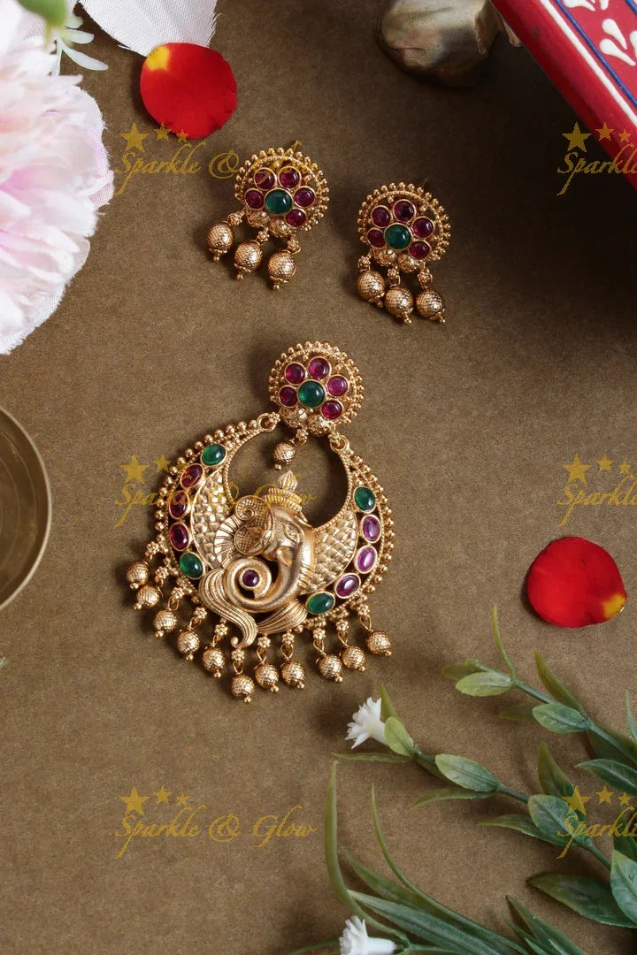Premium Matt Ganesh carved gold beads pendent set - Sparkle and Glow