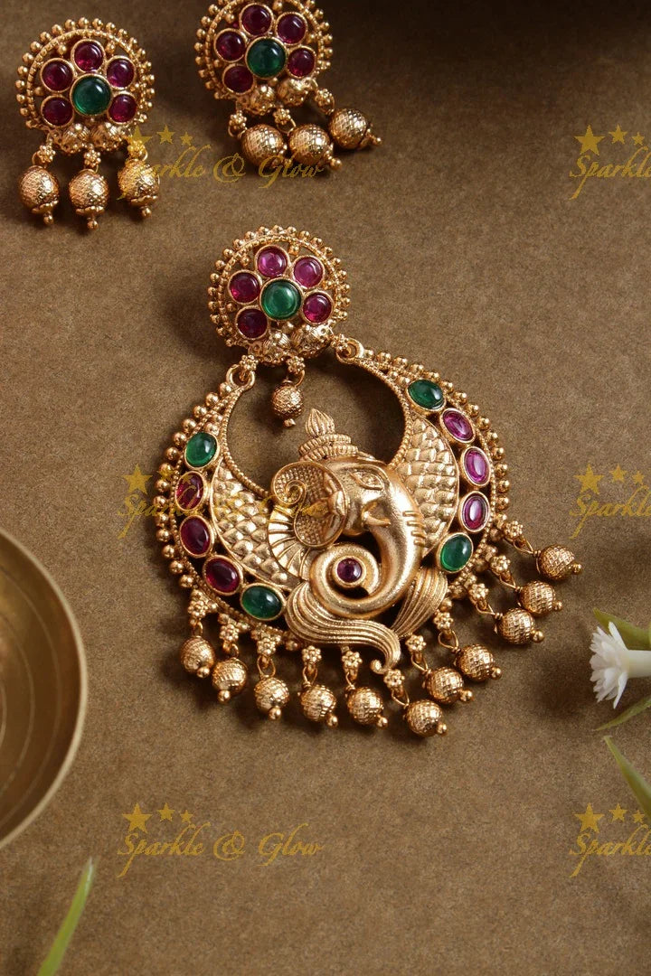 Premium Matt Ganesh carved gold beads pendent set - Sparkle and Glow