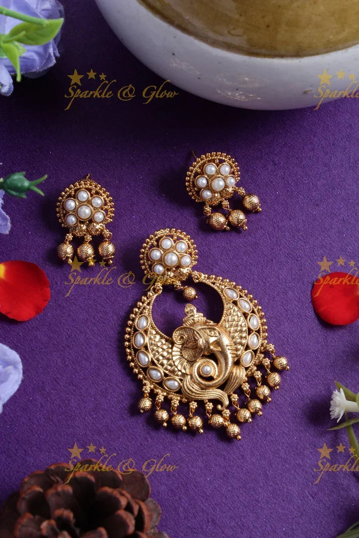 Premium Matt Ganesh carved gold beads pendent set - Sparkle and Glow