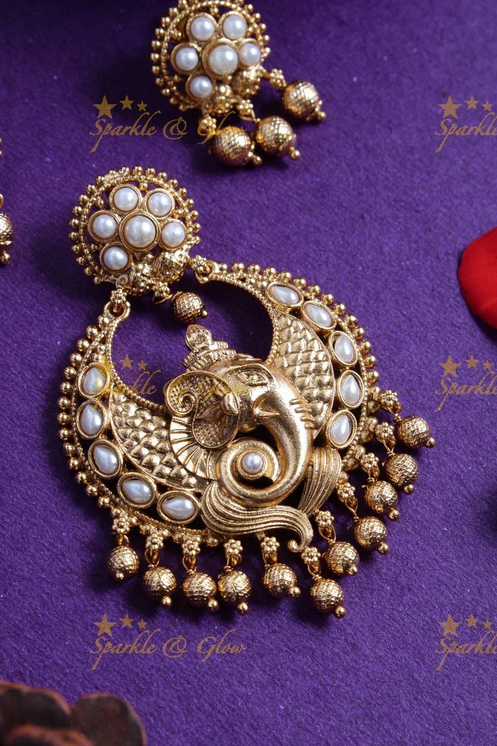 Premium Matt Ganesh carved gold beads pendent set - Sparkle and Glow