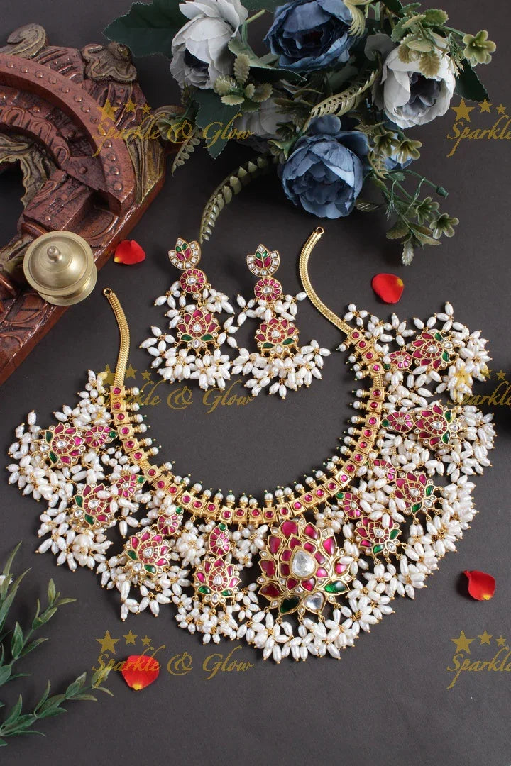 Beautiful Gheru gold jadau lotus rice pearl guttapusalu necklace - Sparkle and Glow