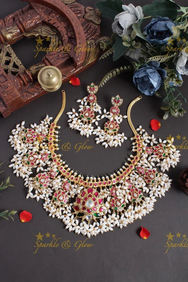 Beautiful Gheru gold jadau lotus rice pearl guttapusalu necklace - Sparkle and Glow