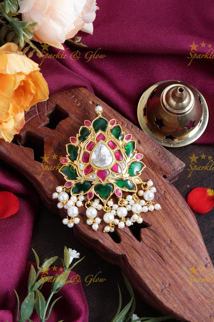 Gheru gold Lotus jadau pendent - Sparkle and Glow