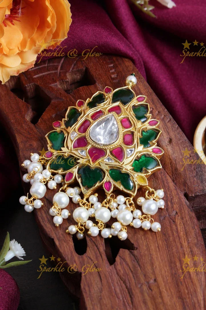 Gheru gold Lotus jadau pendent - Sparkle and Glow