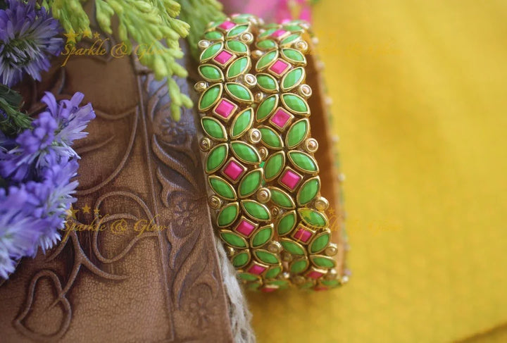 Silk thread flower design bangle a pair -Paroot Green - Sparkle and Glow