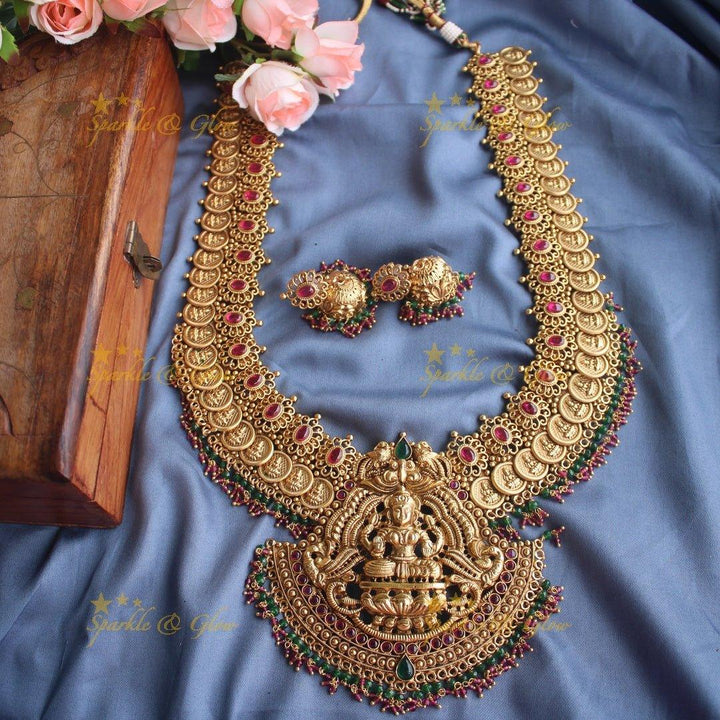 Gold alike polished statement lakshmi coin haram with pearl drops - Sparkle and Glow