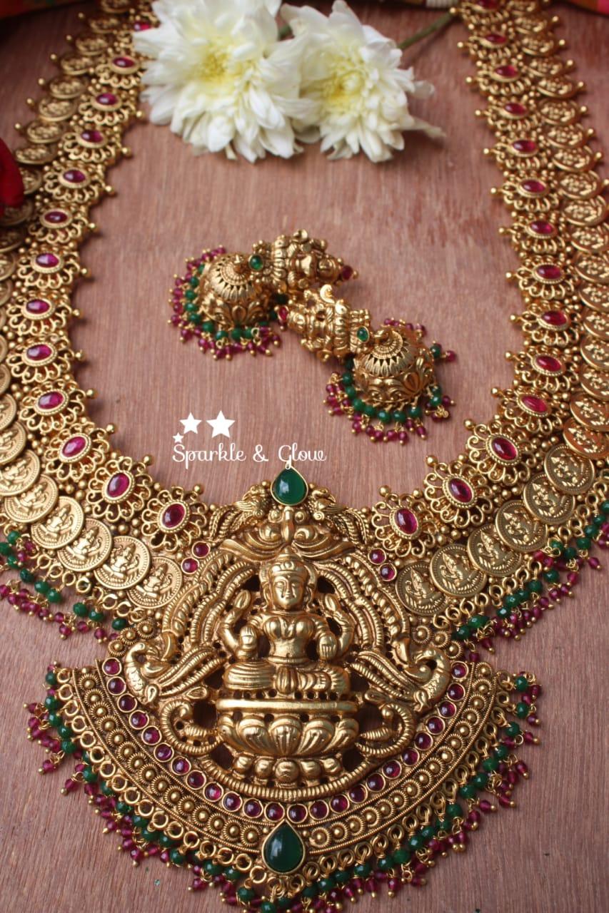 Gold alike polished statement lakshmi coin haram with pearl drops - Sparkle and Glow