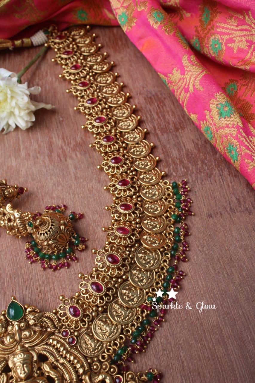 Gold alike polished statement lakshmi coin haram with pearl drops - Sparkle and Glow