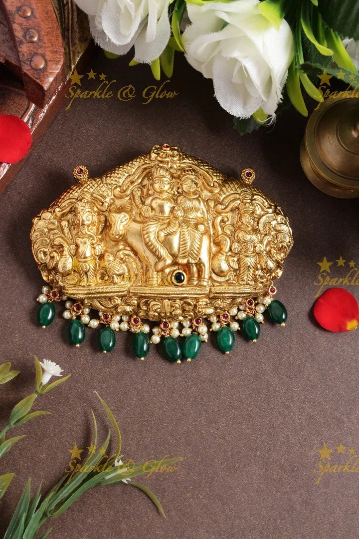 Gold alike Lord Shiva Parvati Ganesh carved Pendent - Sparkle and Glow