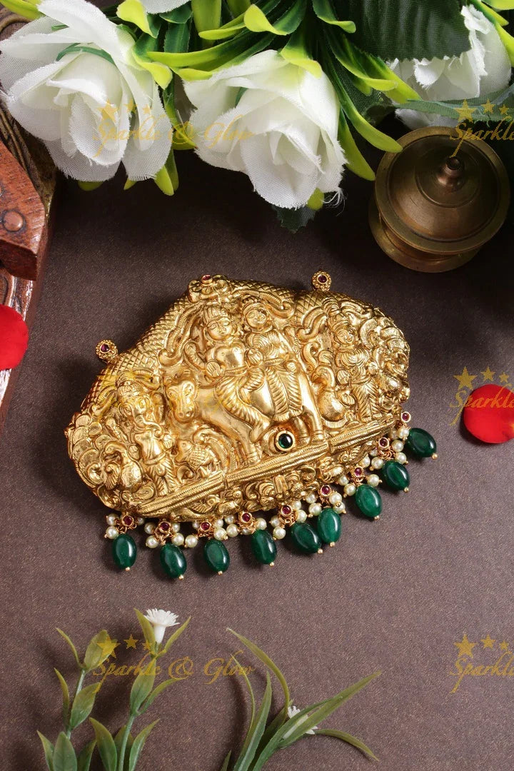 Gold alike Lord Shiva Parvati Ganesh carved Pendent - Sparkle and Glow