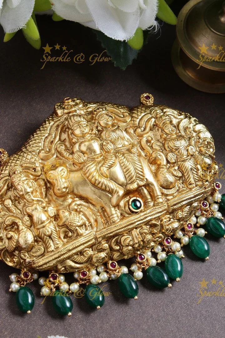 Gold alike Lord Shiva Parvati Ganesh carved Pendent - Sparkle and Glow
