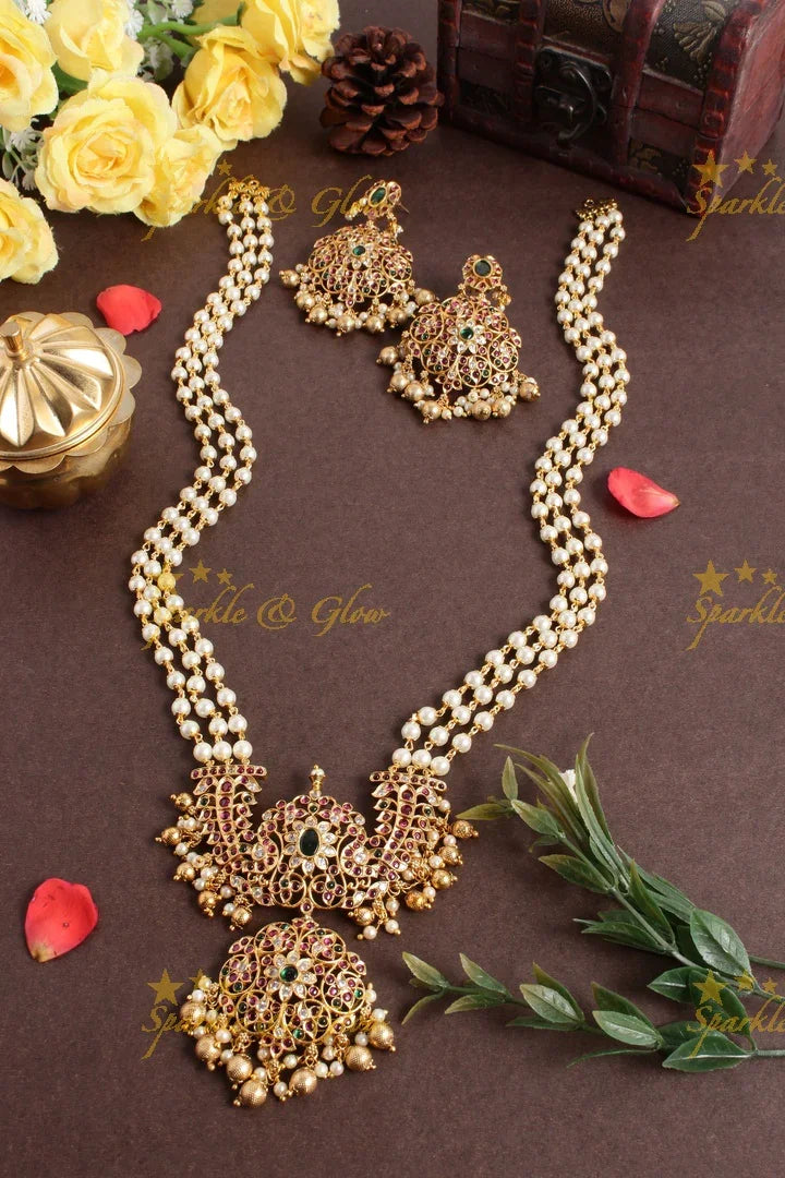 Premium Matt pearl necklace with peacock floral pendent - Sparkle and Glow