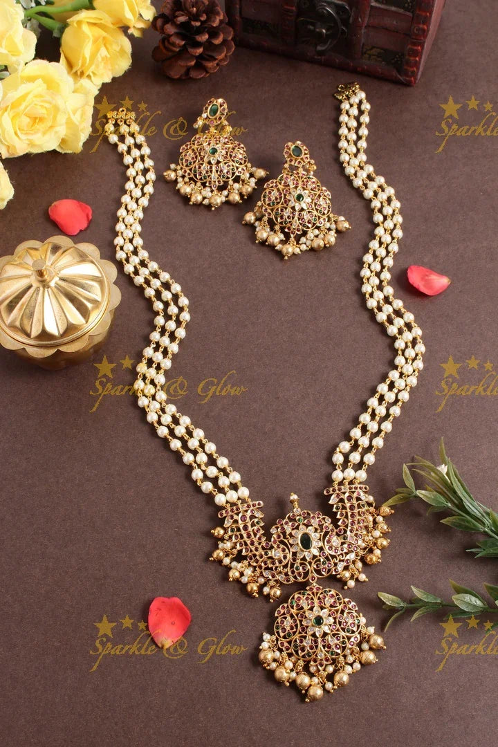 Premium Matt pearl necklace with peacock floral pendent - Sparkle and Glow