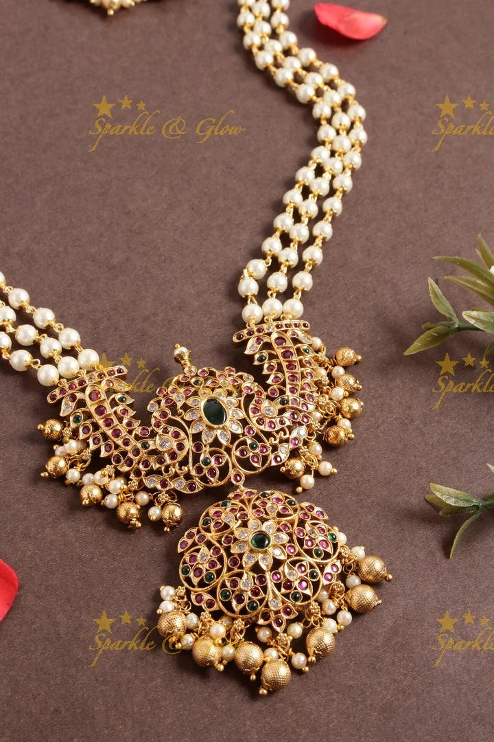 Premium Matt pearl necklace with peacock floral pendent - Sparkle and Glow