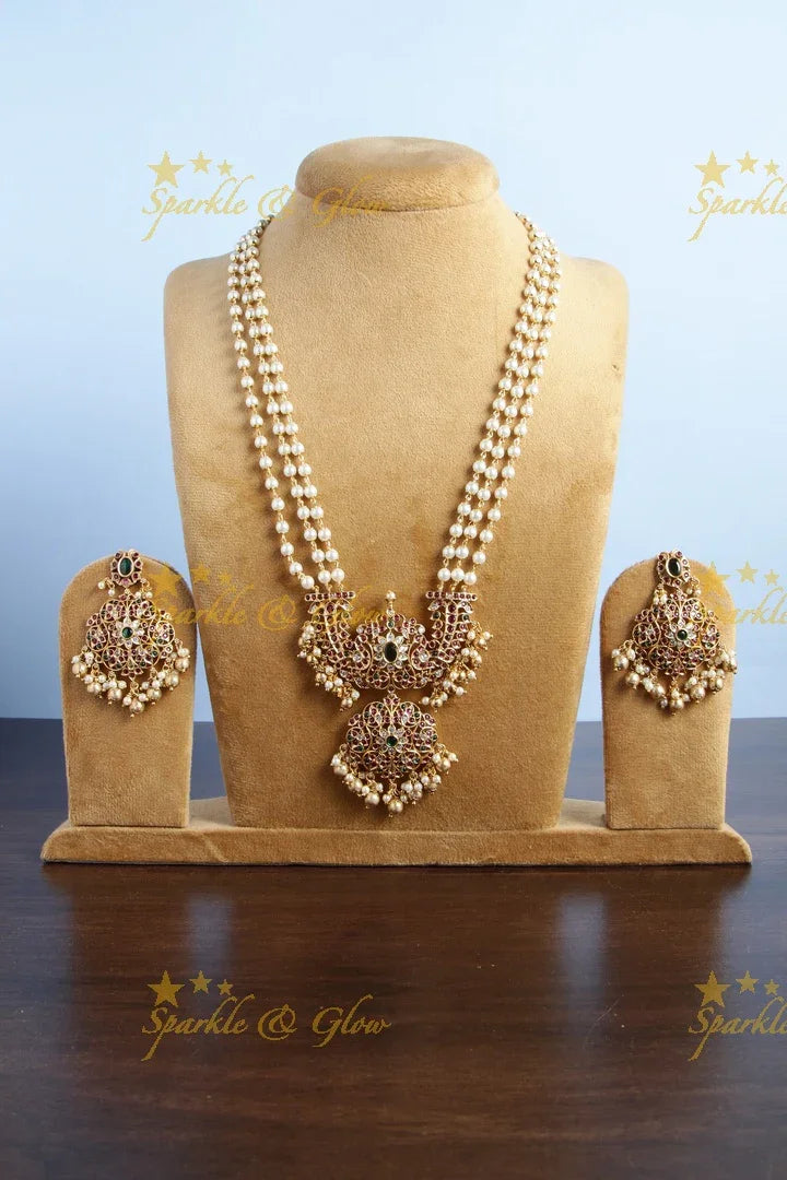 Premium Matt pearl necklace with peacock floral pendent - Sparkle and Glow