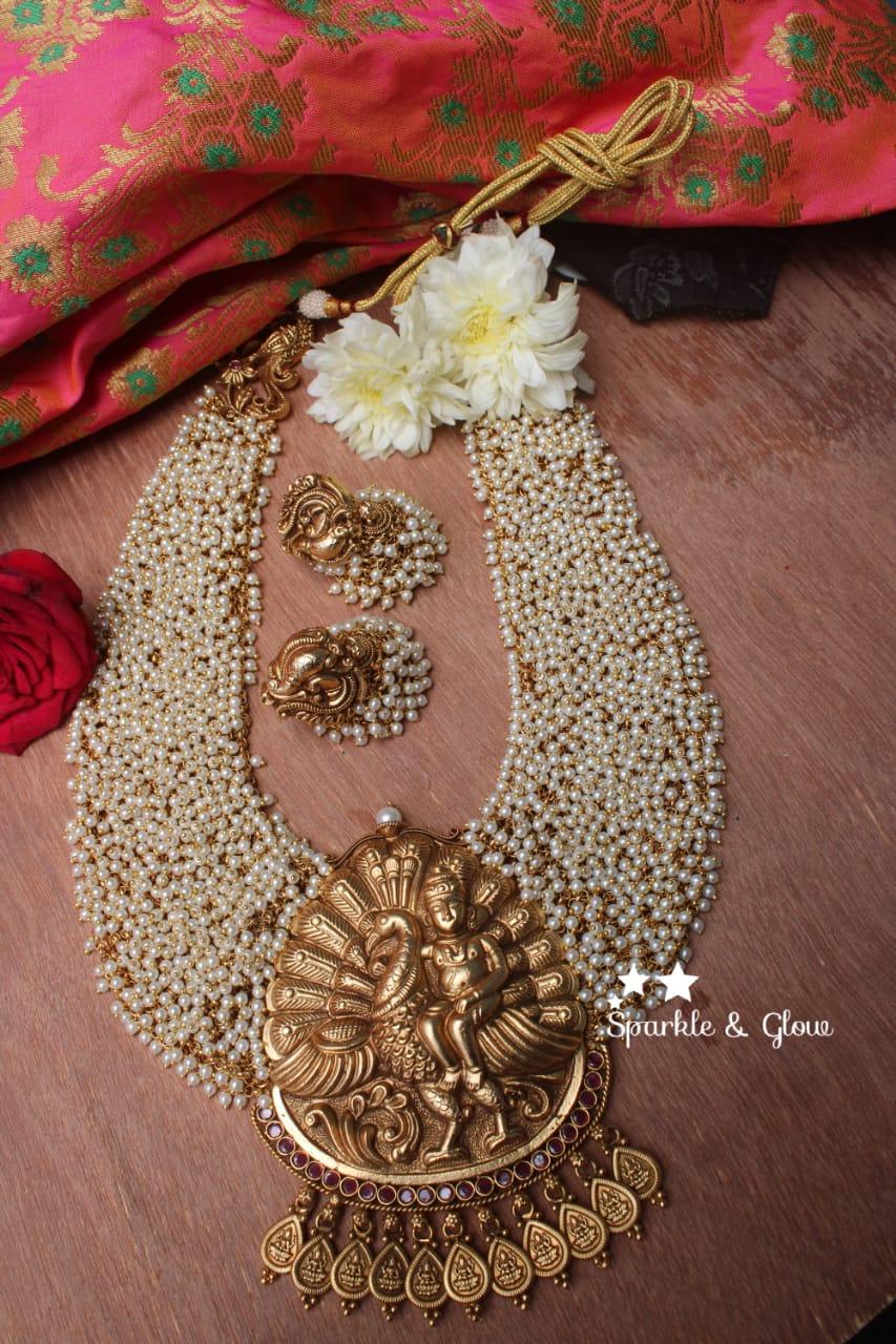 Gold alike polished Lord Kartikeyan statement pearl haram - Sparkle and Glow